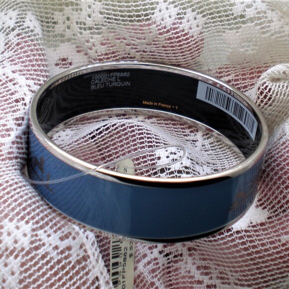 NWT Hermes Caleche Blue Enamel Palladium Plated Wide Bangle Bracelet Size 62 - Picture 8 of 10
